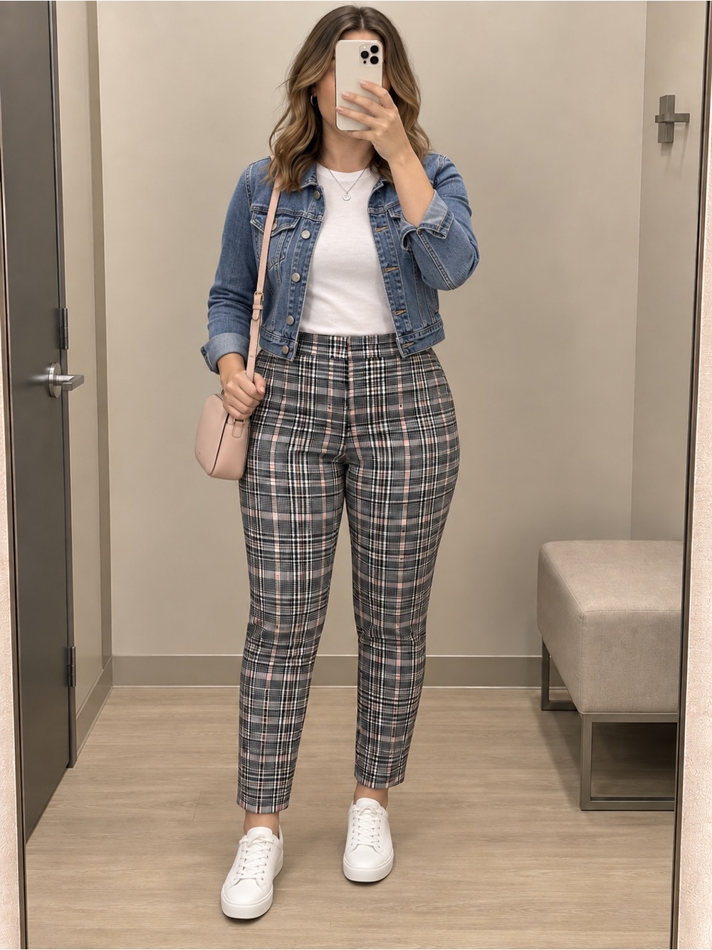 Old Navy Gray and Pink Plaid Slim Ankle Pants